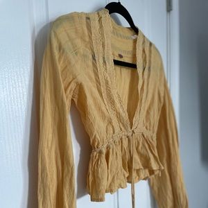 Free People Oberoi Yellow Lace Trim Tassel Blouse